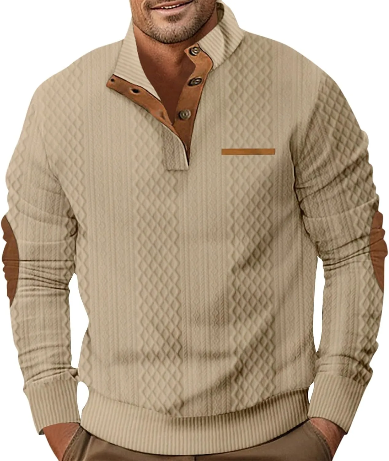 RTRDE Men's Casual Button Up Sweaters Pullover Jacquard Long Sleeve Henley Neck Athletic Workout Sweatshirts, M-3XL