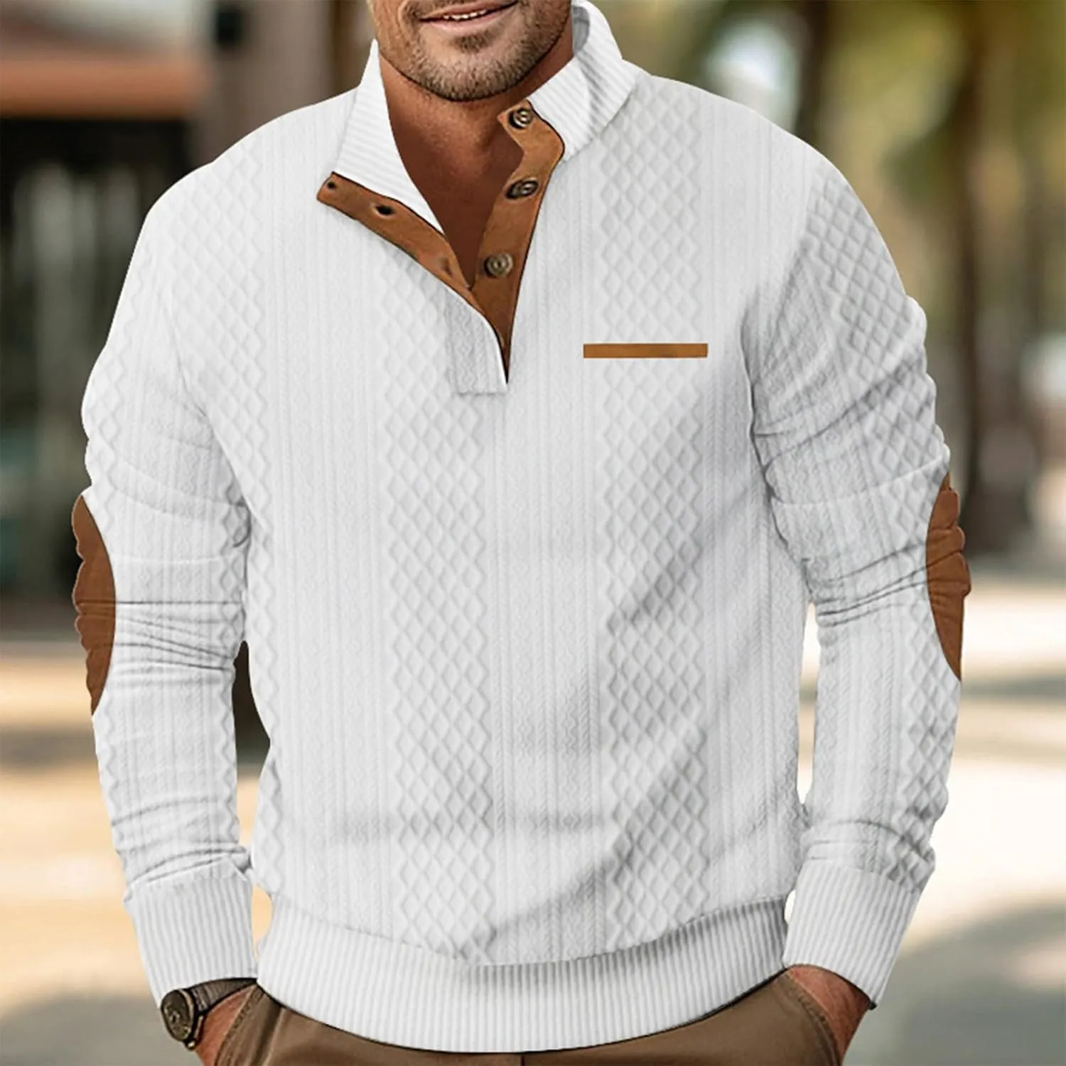 RTRDE Men's Casual Button Up Sweaters Pullover Jacquard Long Sleeve Henley Neck Athletic Workout Sweatshirts, M-3XL