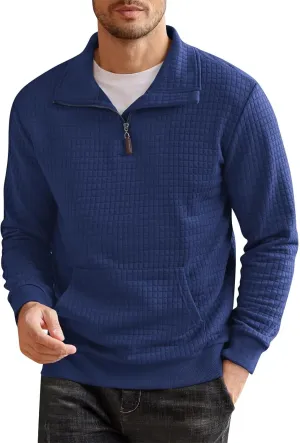 RTRDE Men's Sweatshirts Fashion Quarter Zip Sweatshirt Long Sleeve Solid Plaid Jacquard Pullovers Sweatshirts, S-4XL