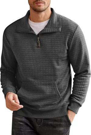 RTRDE Men's Sweatshirts Fashion Quarter Zip Sweatshirt Long Sleeve Solid Plaid Jacquard Pullovers Sweatshirts, S-4XL