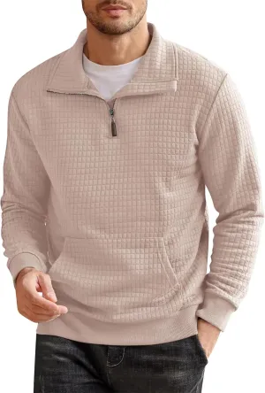 RTRDE Men's Sweatshirts Fashion Quarter Zip Sweatshirt Long Sleeve Solid Plaid Jacquard Pullovers Sweatshirts, S-4XL