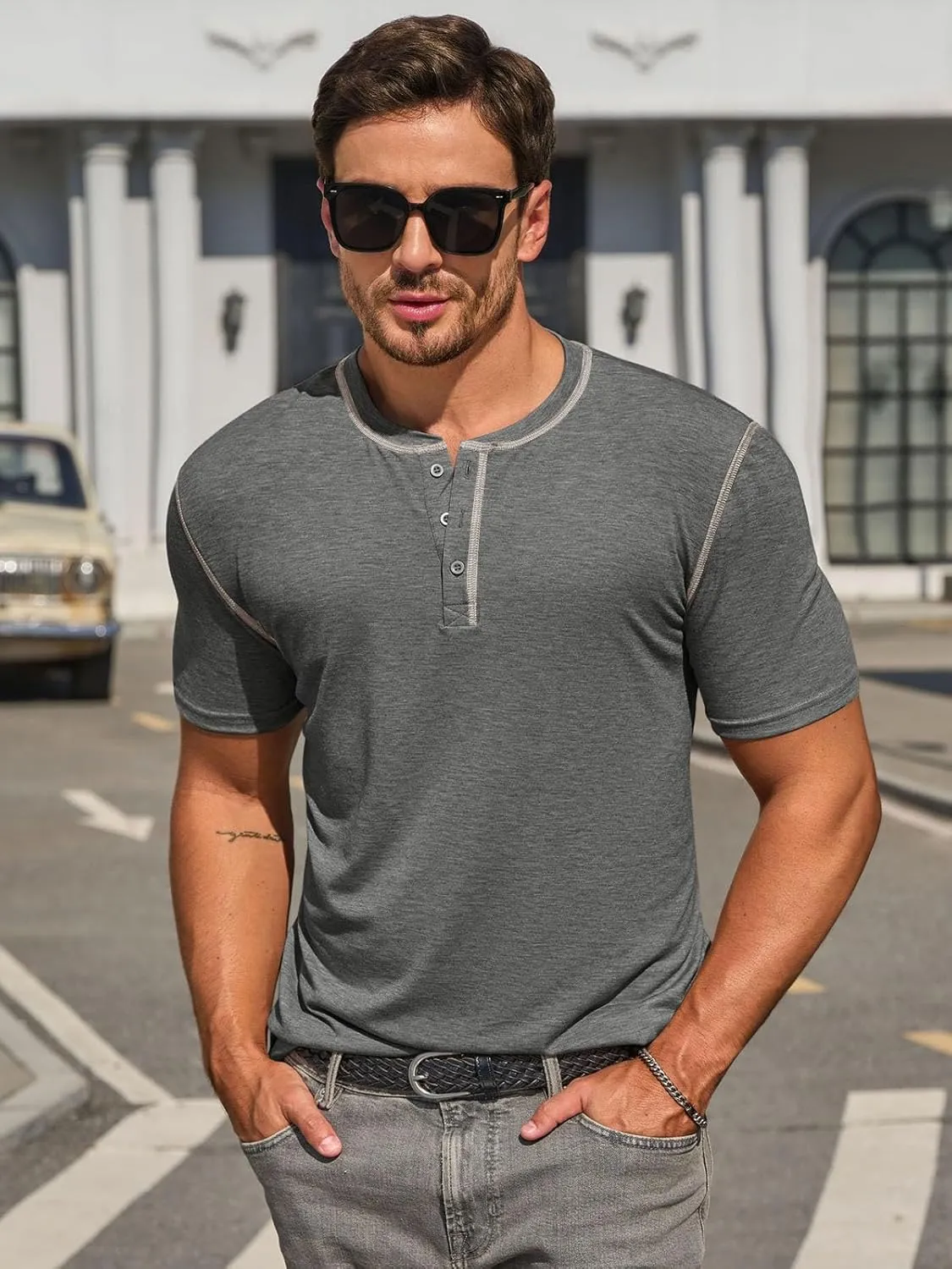 Runcati Mens Henley Shirts Short Sleeve Casual Lightweight Stretchy Basic Tee Summer Vintage T-Shirts