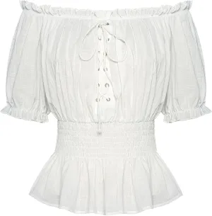 Scarlet Darkness Women Renaissance Off Shoulder Blouse Smocked Waist Pirate Shirt Peplum Tops