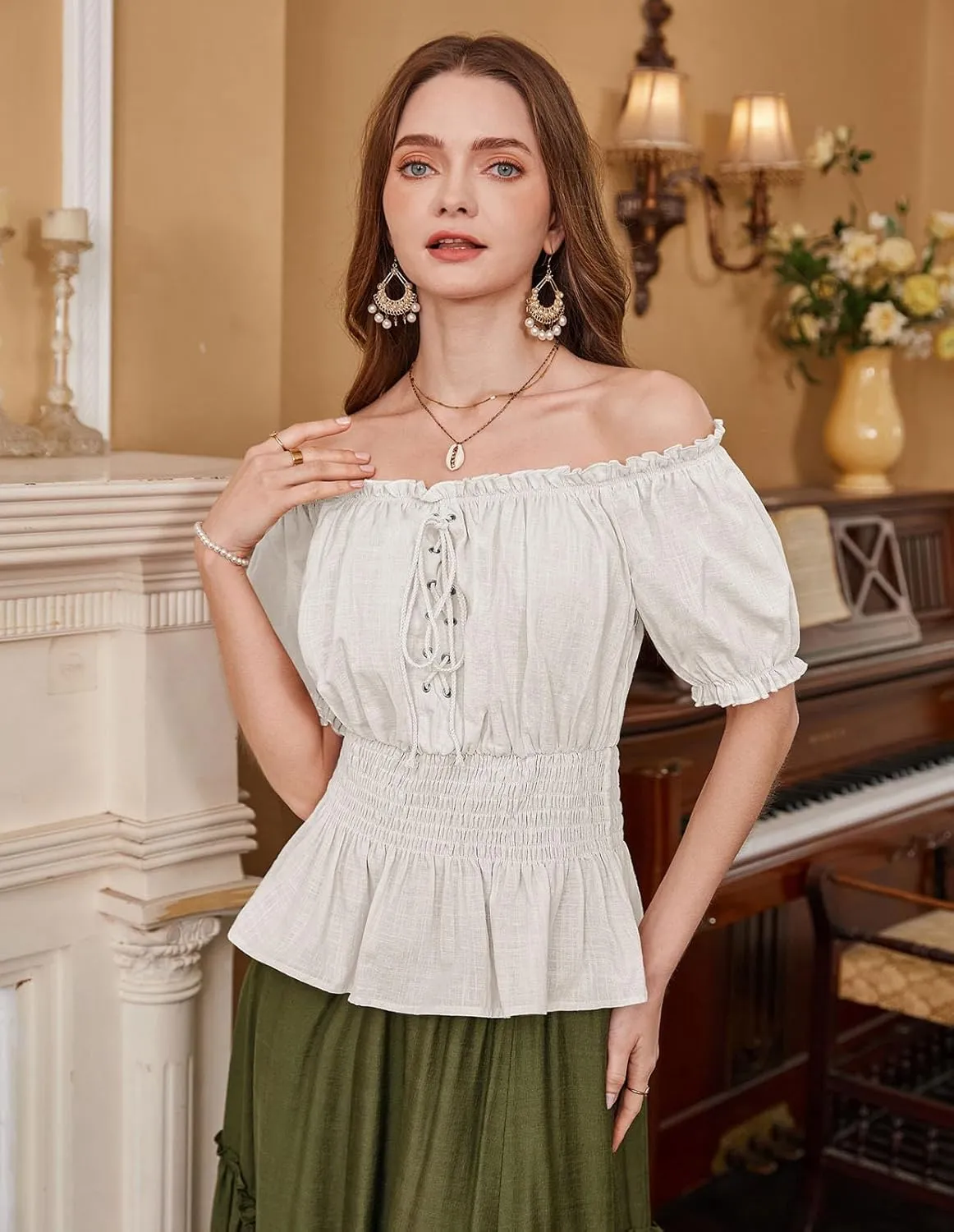 Scarlet Darkness Women Renaissance Off Shoulder Blouse Smocked Waist Pirate Shirt Peplum Tops