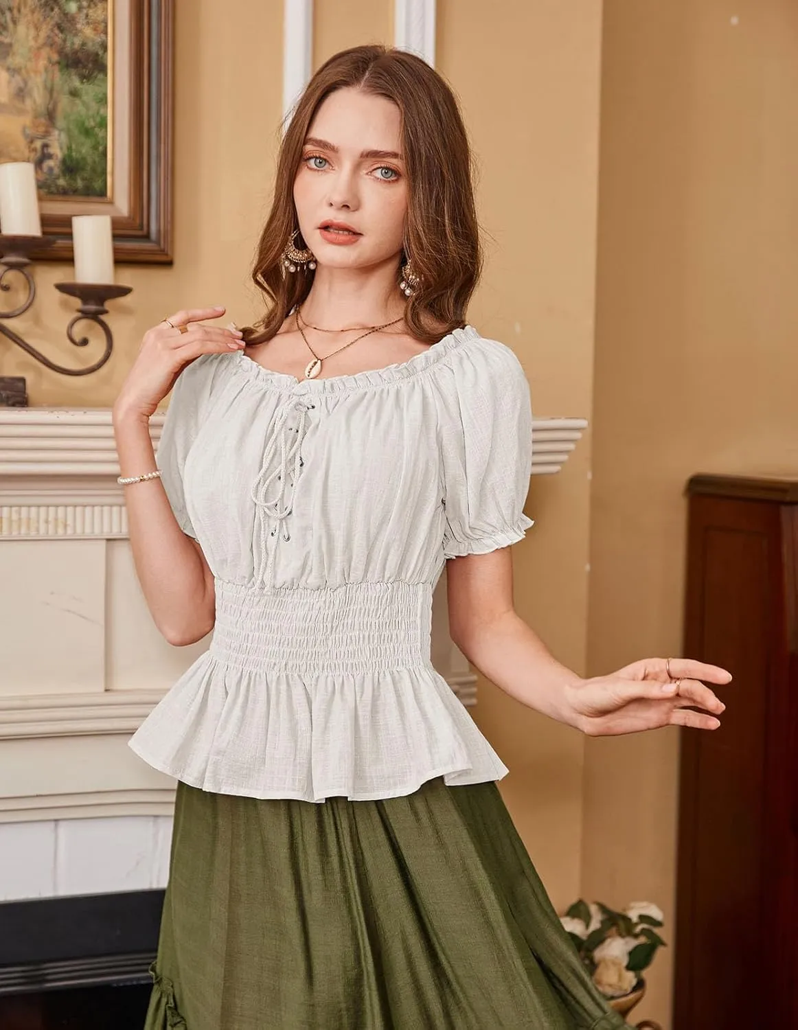 Scarlet Darkness Women Renaissance Off Shoulder Blouse Smocked Waist Pirate Shirt Peplum Tops