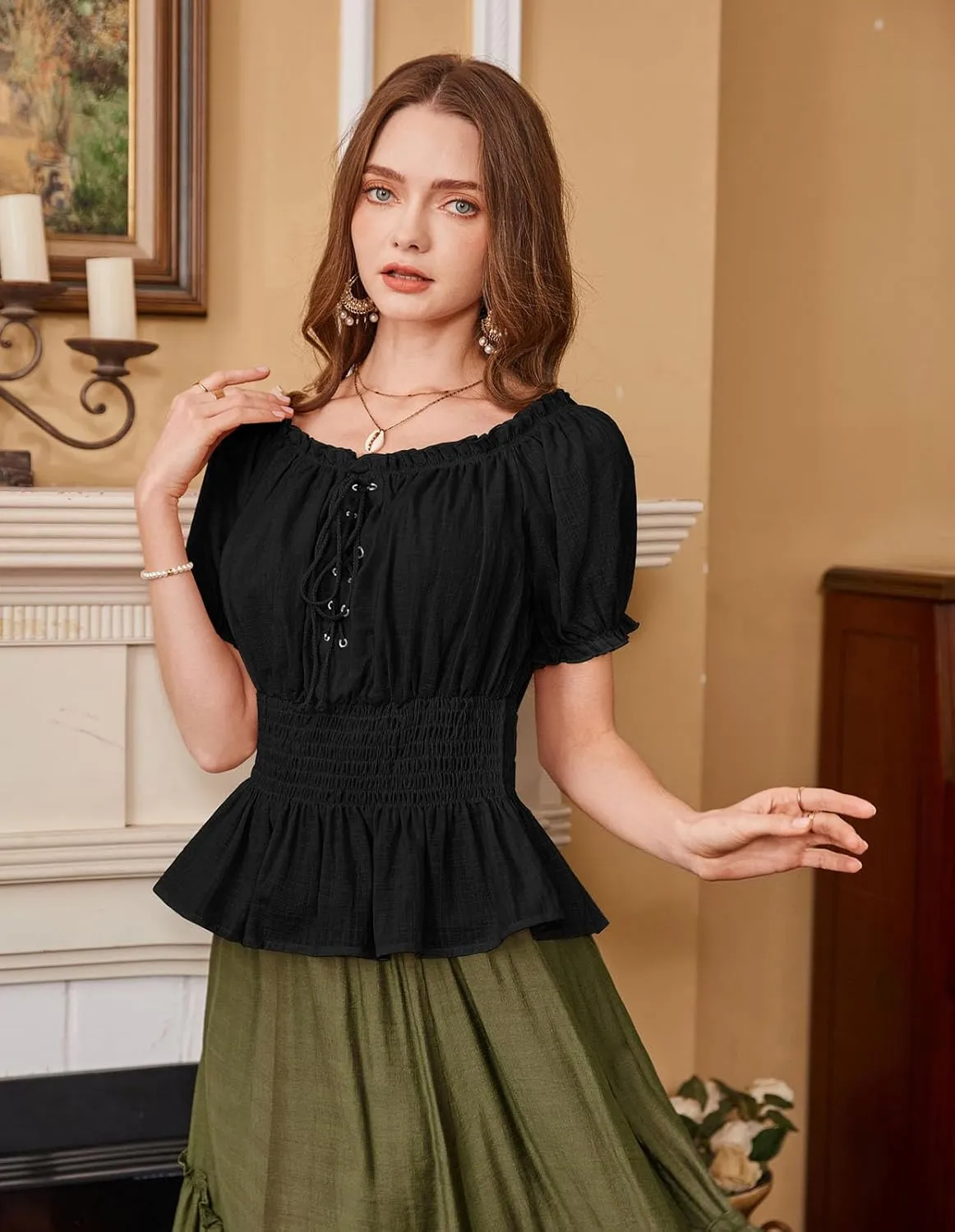 Scarlet Darkness Women Renaissance Off Shoulder Blouse Smocked Waist Pirate Shirt Peplum Tops