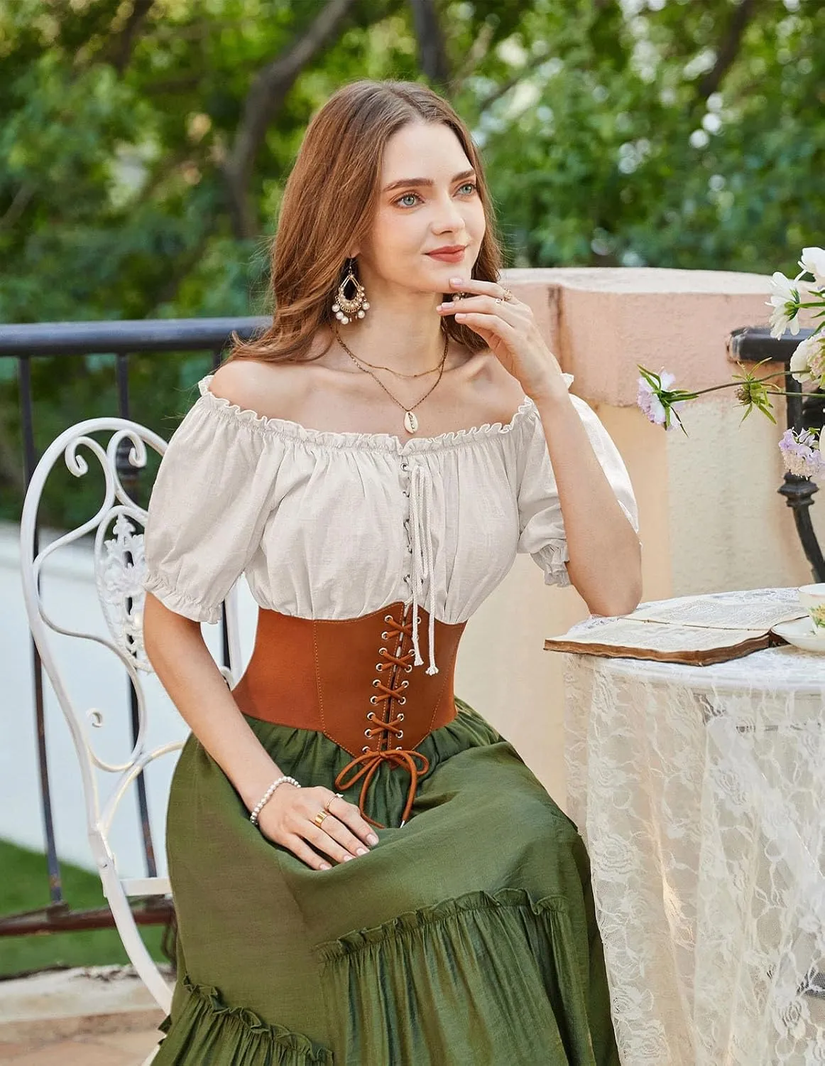 Scarlet Darkness Women Renaissance Off Shoulder Blouse Smocked Waist Pirate Shirt Peplum Tops