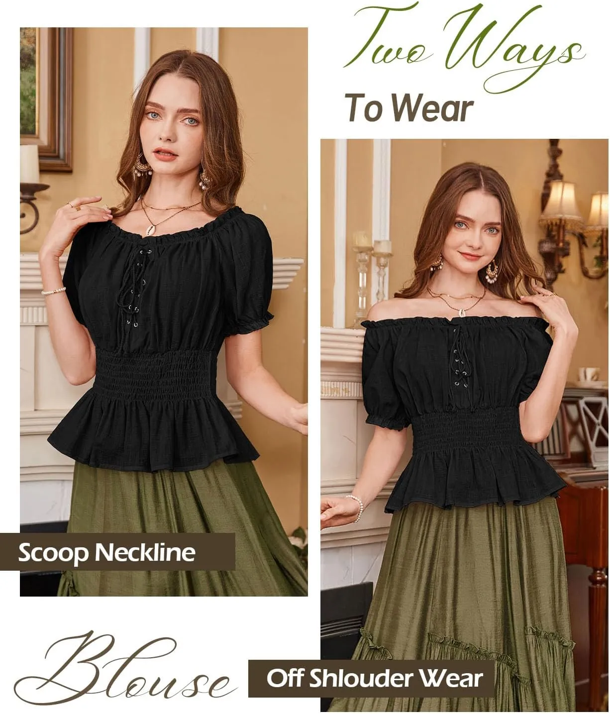 Scarlet Darkness Women Renaissance Off Shoulder Blouse Smocked Waist Pirate Shirt Peplum Tops