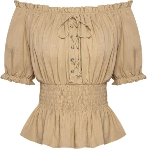Scarlet Darkness Women Renaissance Off Shoulder Blouse Smocked Waist Pirate Shirt Peplum Tops