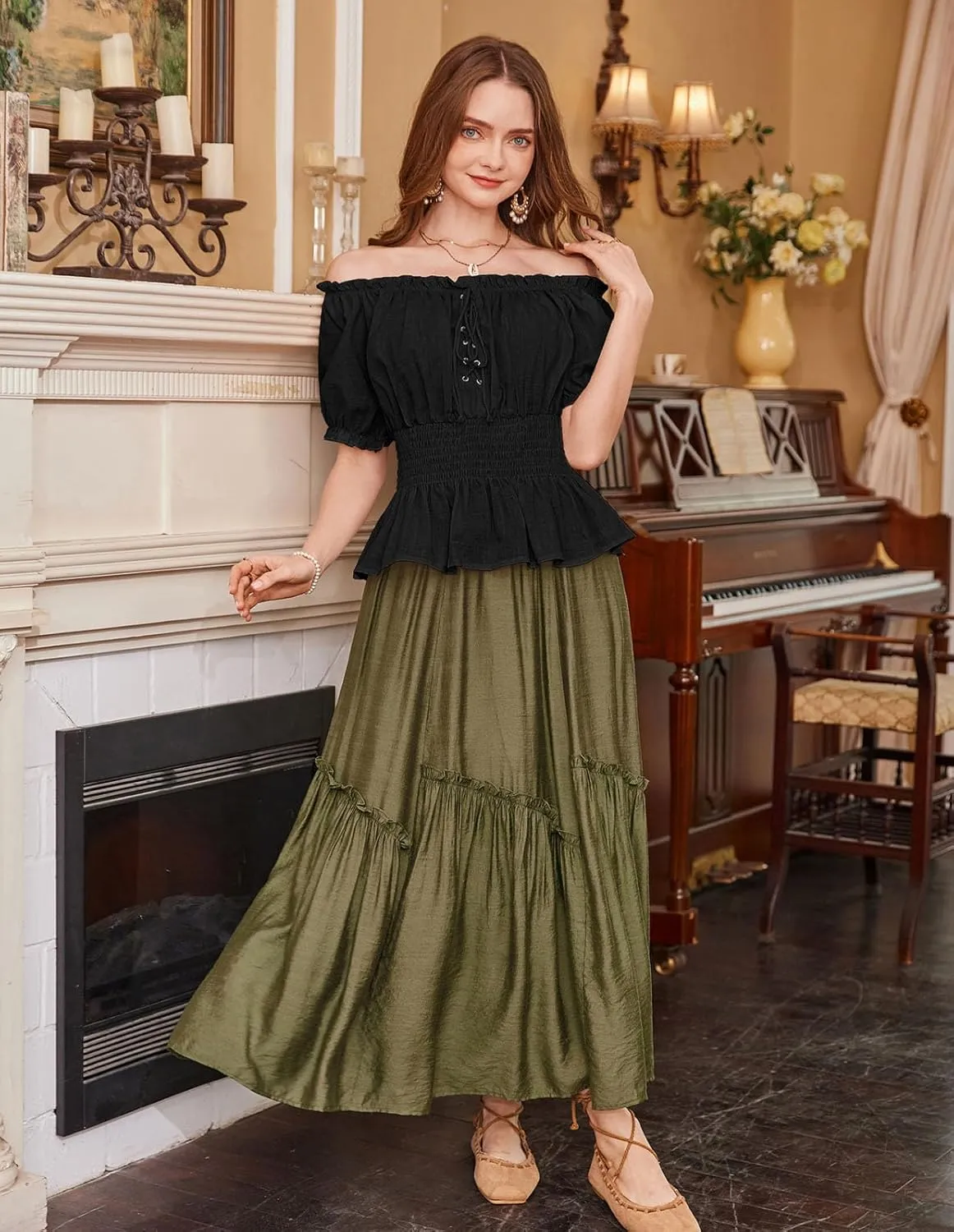 Scarlet Darkness Women Renaissance Off Shoulder Blouse Smocked Waist Pirate Shirt Peplum Tops