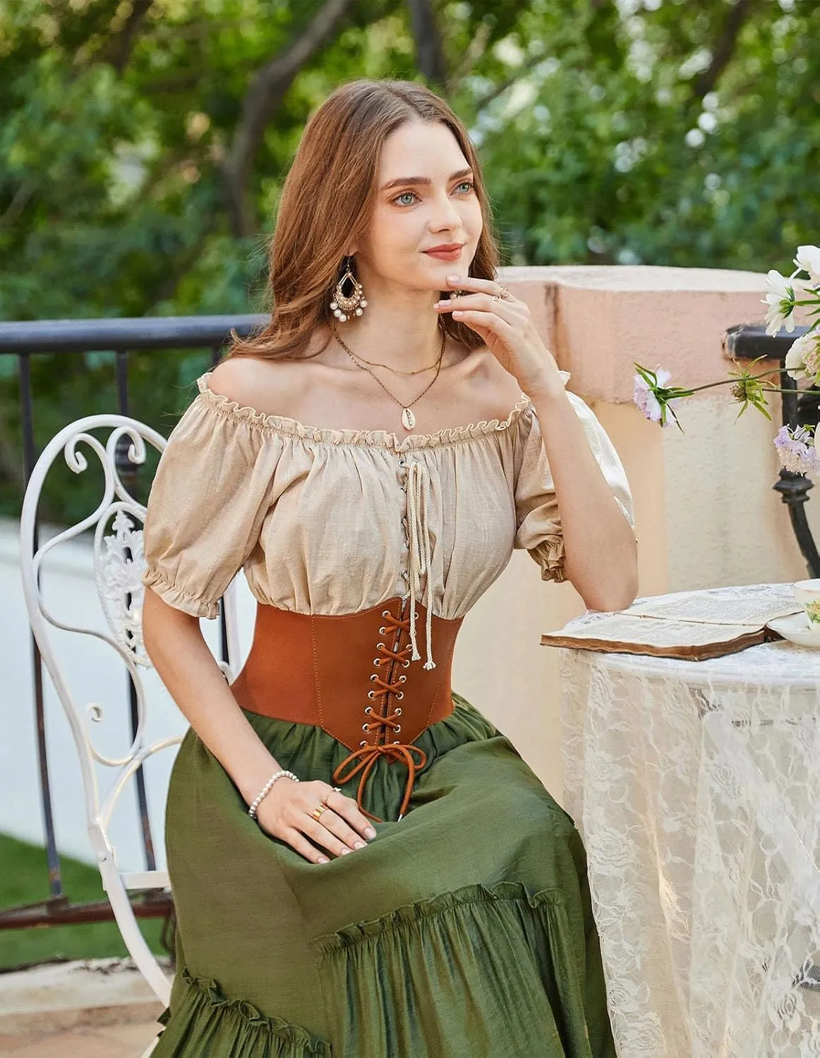 Scarlet Darkness Women Renaissance Off Shoulder Blouse Smocked Waist Pirate Shirt Peplum Tops