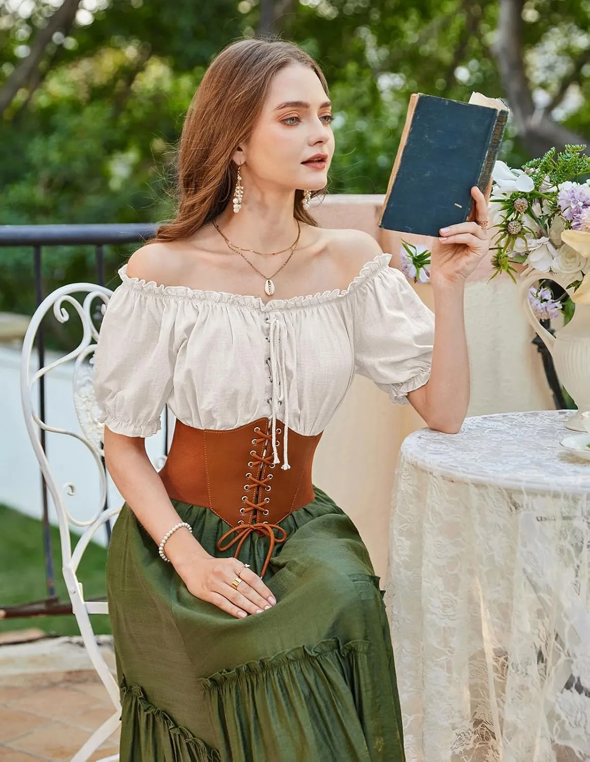 Scarlet Darkness Women Renaissance Off Shoulder Blouse Smocked Waist Pirate Shirt Peplum Tops