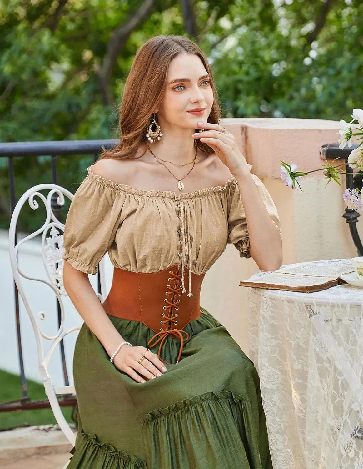Scarlet Darkness Women Renaissance Off Shoulder Blouse Smocked Waist Pirate Shirt Peplum Tops