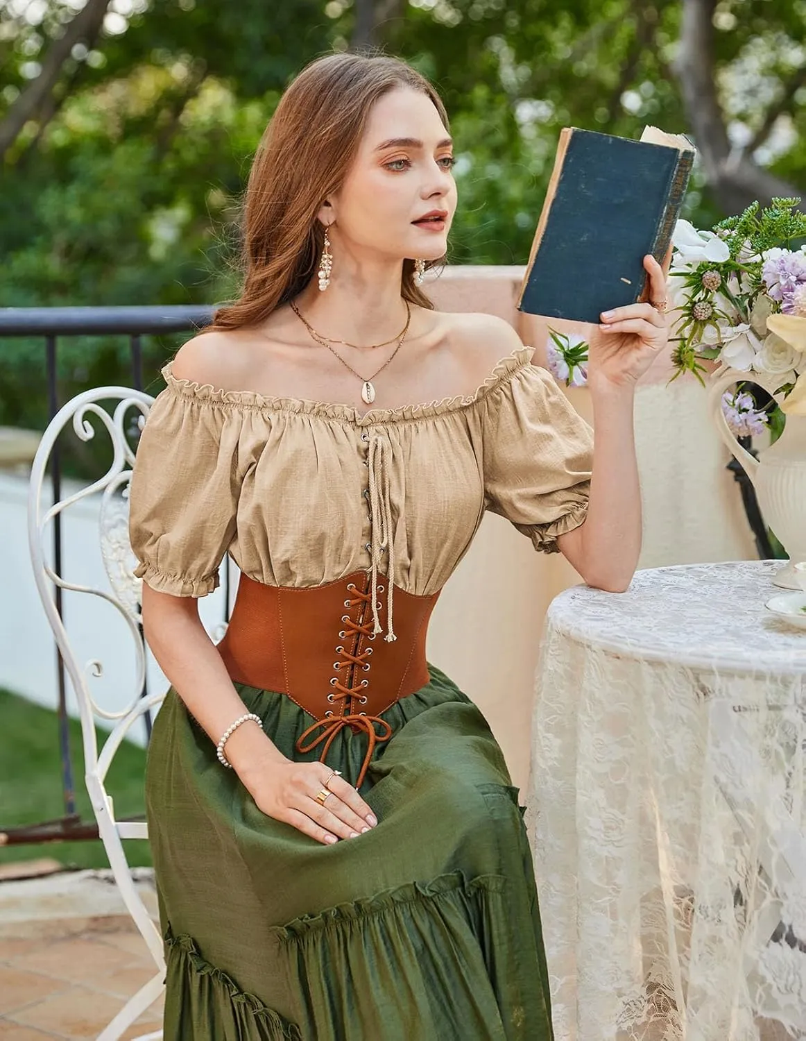 Scarlet Darkness Women Renaissance Off Shoulder Blouse Smocked Waist Pirate Shirt Peplum Tops