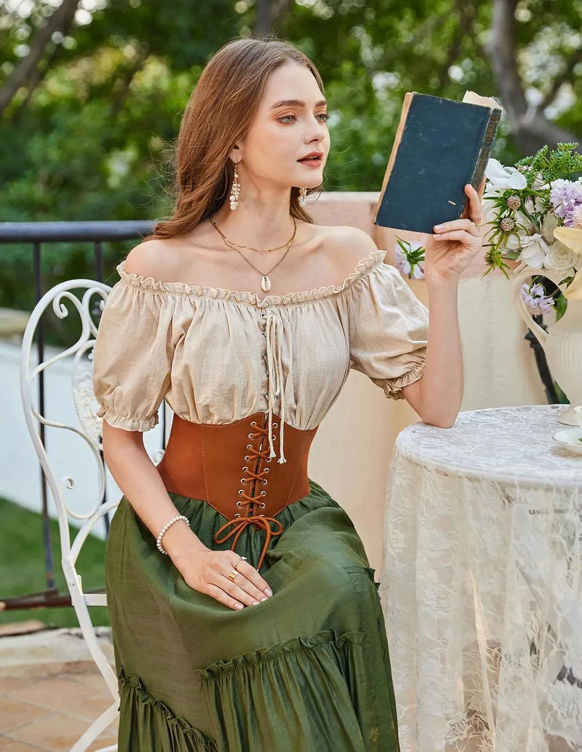 Scarlet Darkness Women Renaissance Off Shoulder Blouse Smocked Waist Pirate Shirt Peplum Tops