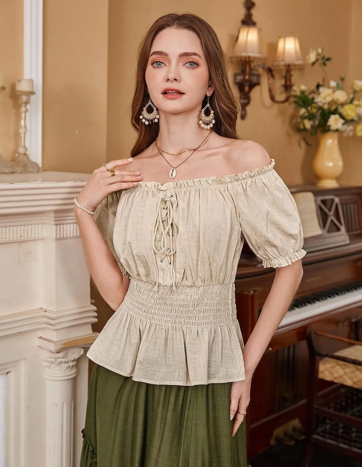 Scarlet Darkness Women Renaissance Off Shoulder Blouse Smocked Waist Pirate Shirt Peplum Tops