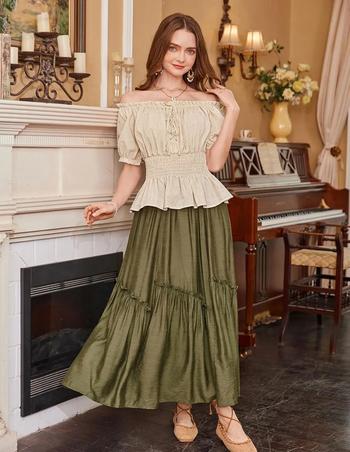 Scarlet Darkness Women Renaissance Off Shoulder Blouse Smocked Waist Pirate Shirt Peplum Tops