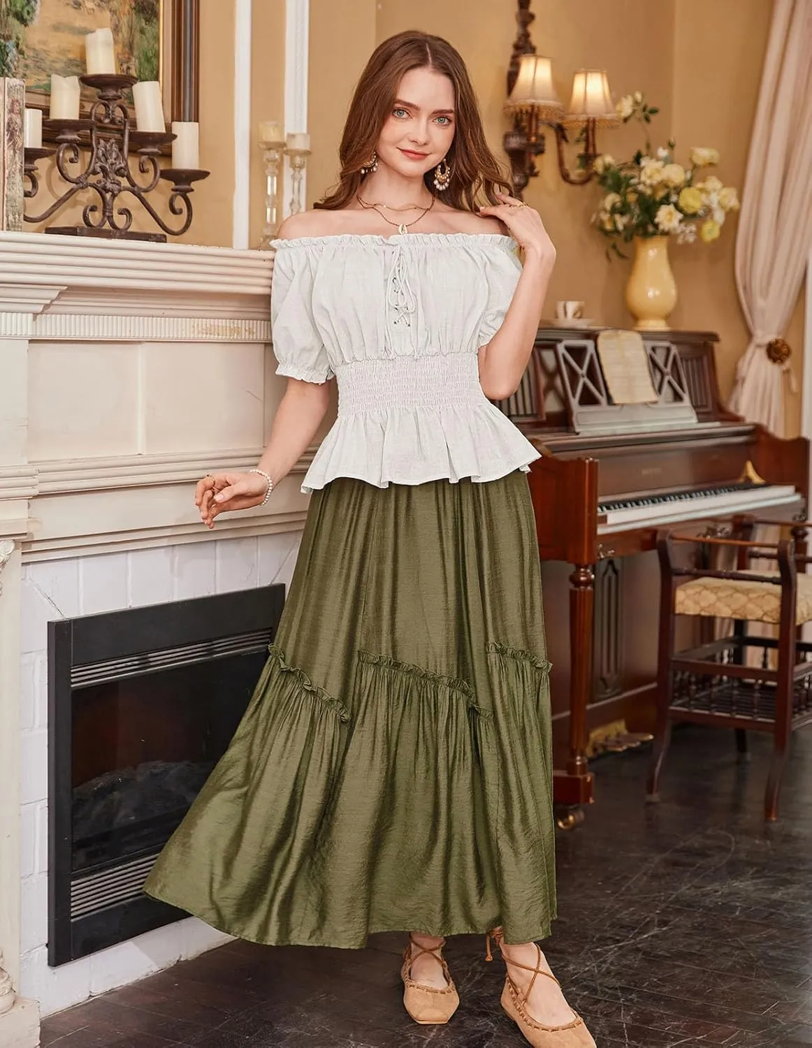 Scarlet Darkness Women Renaissance Off Shoulder Blouse Smocked Waist Pirate Shirt Peplum Tops