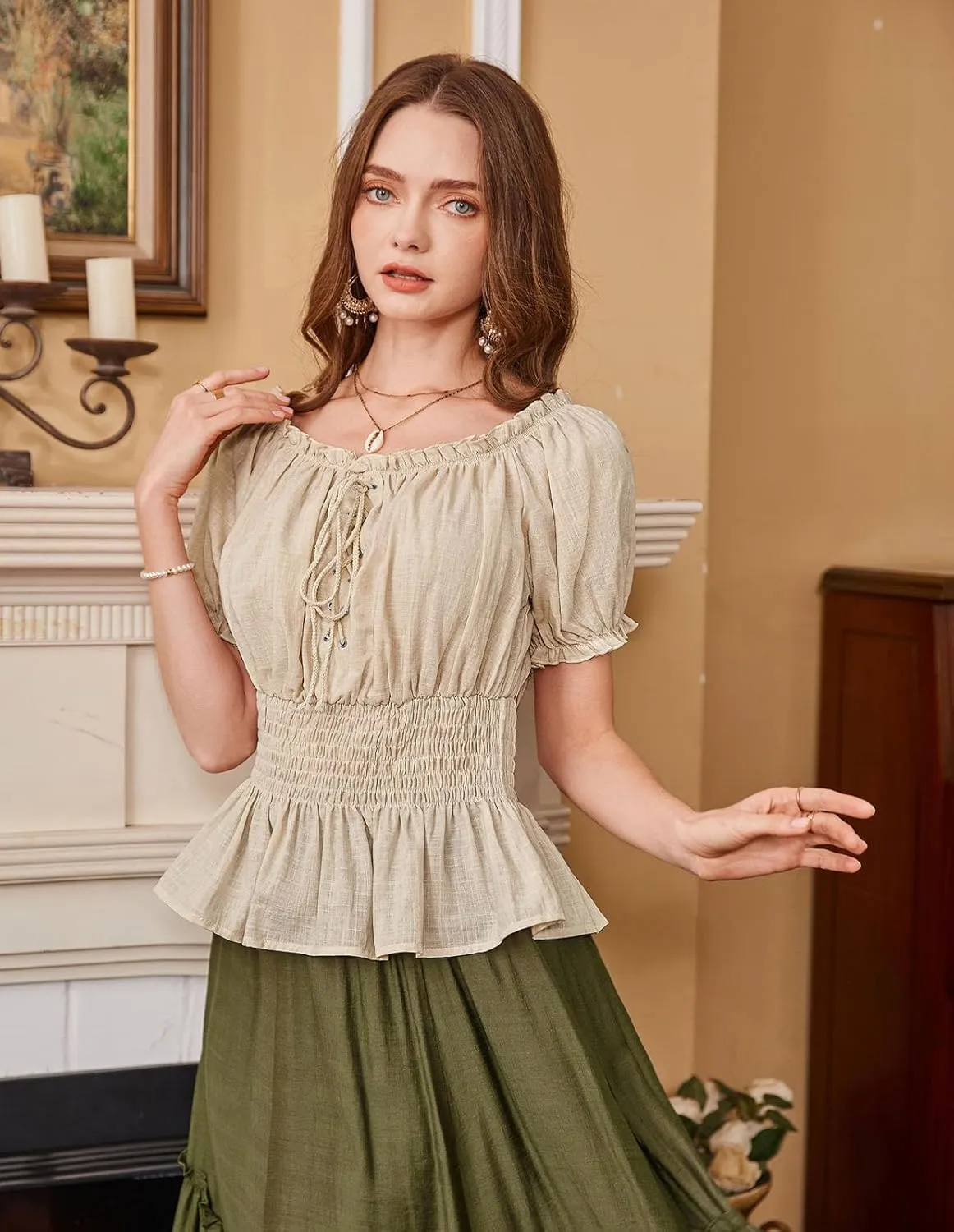 Scarlet Darkness Women Renaissance Off Shoulder Blouse Smocked Waist Pirate Shirt Peplum Tops