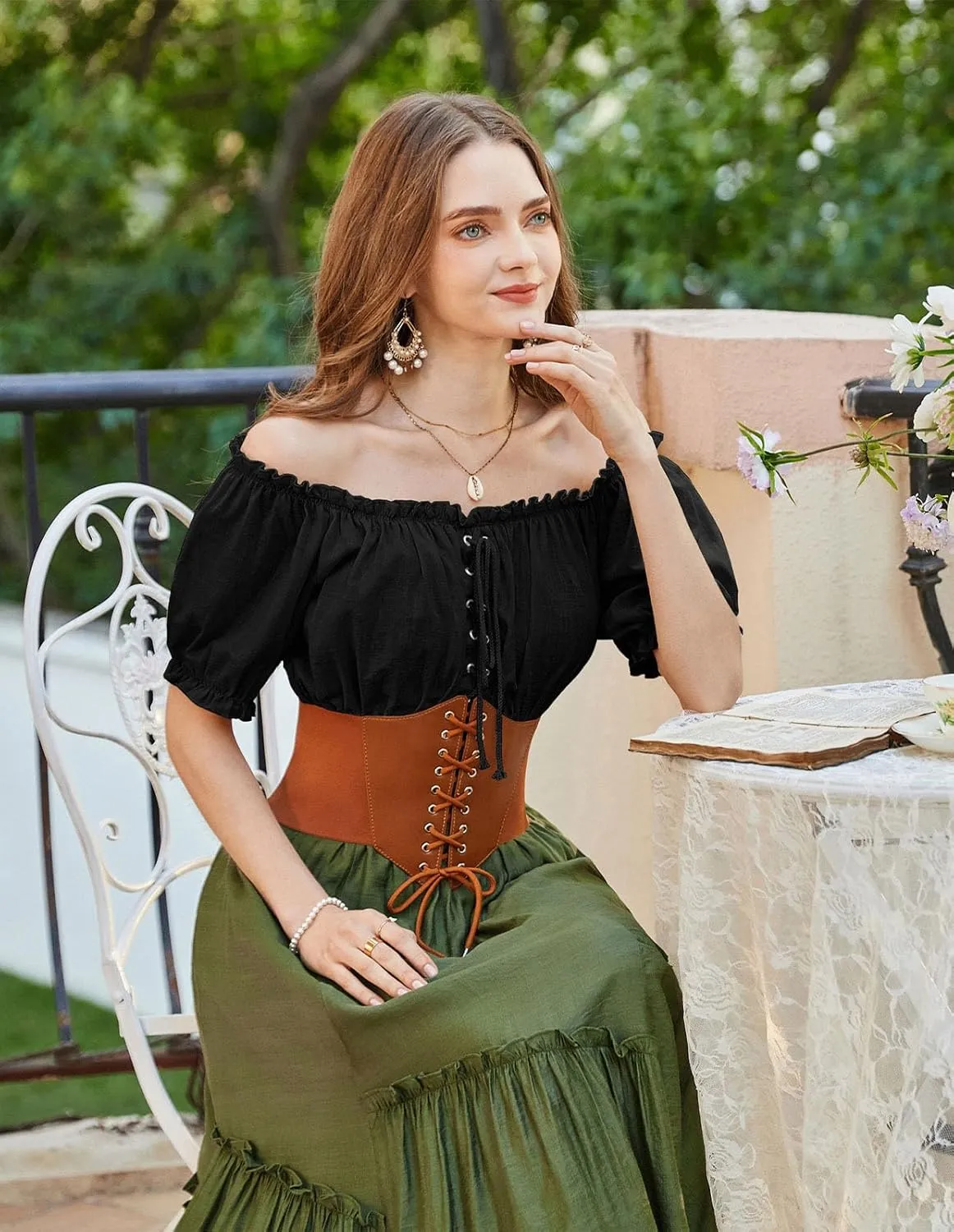 Scarlet Darkness Women Renaissance Off Shoulder Blouse Smocked Waist Pirate Shirt Peplum Tops
