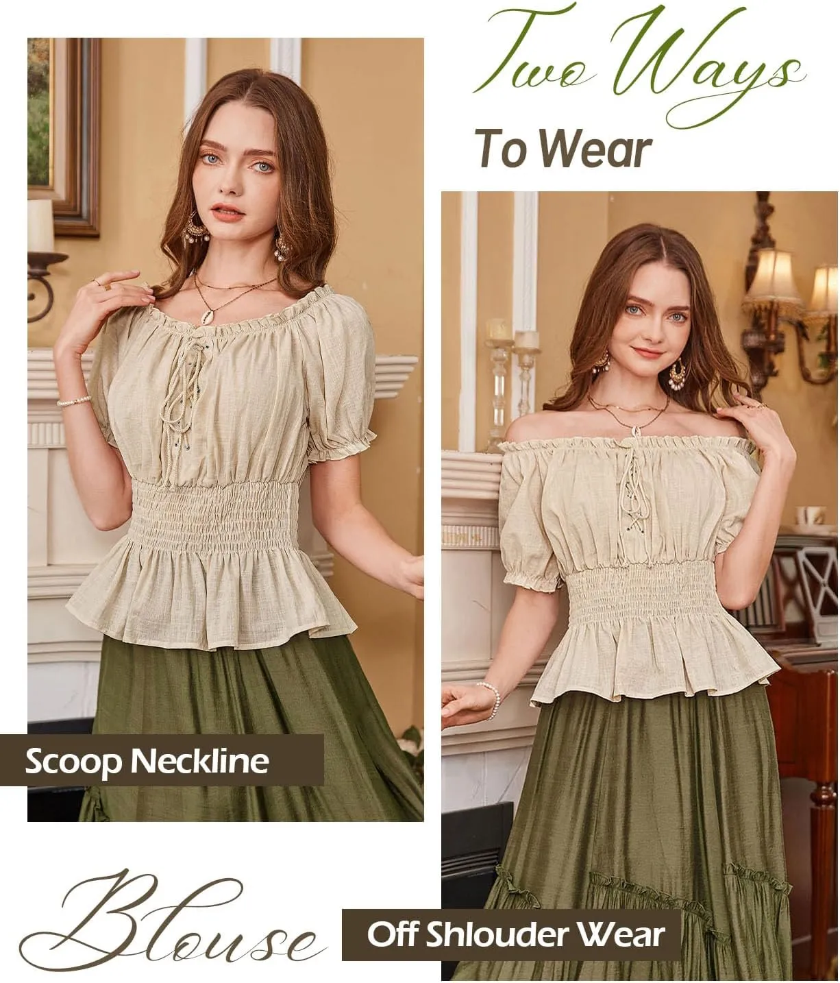 Scarlet Darkness Women Renaissance Off Shoulder Blouse Smocked Waist Pirate Shirt Peplum Tops