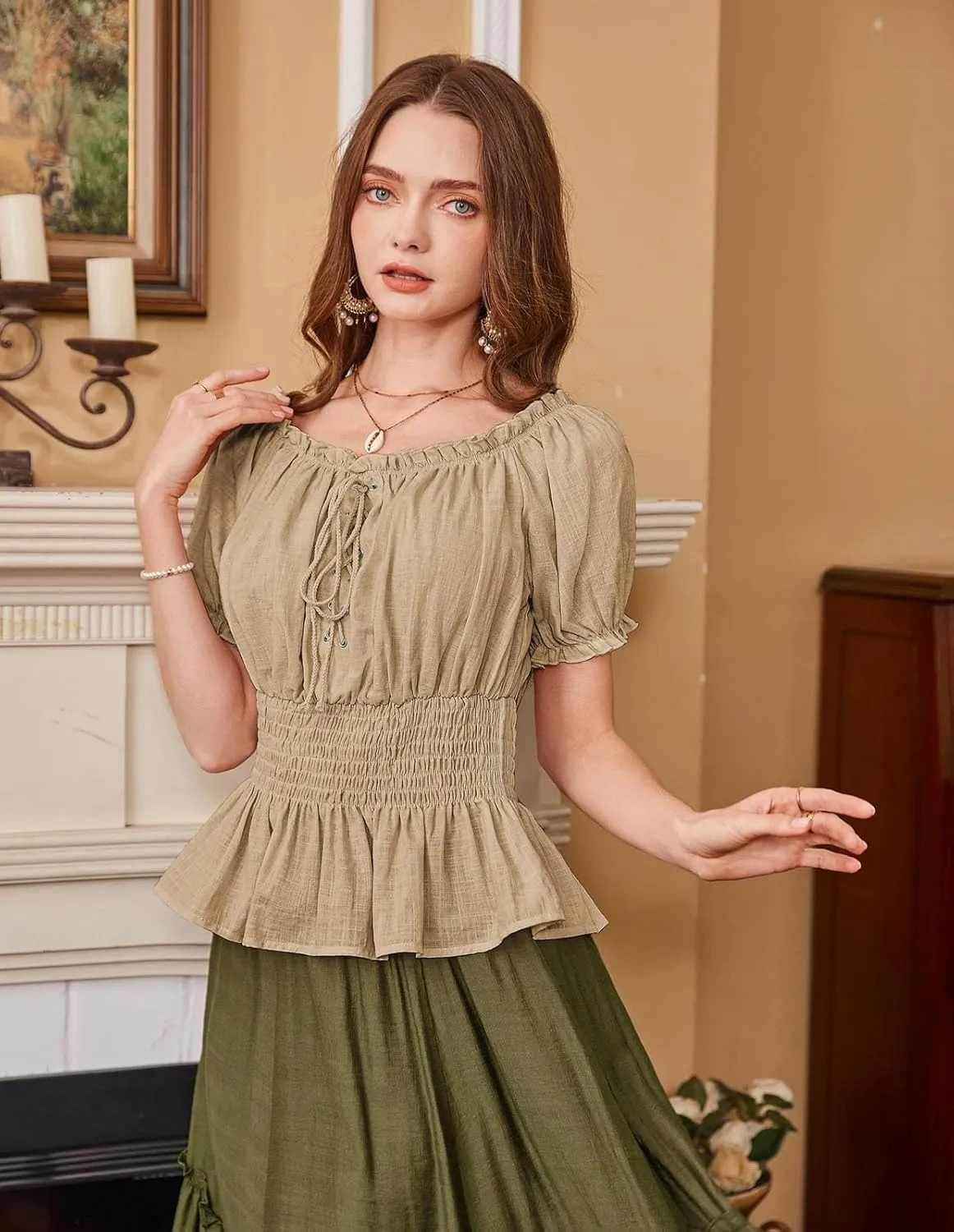 Scarlet Darkness Women Renaissance Off Shoulder Blouse Smocked Waist Pirate Shirt Peplum Tops