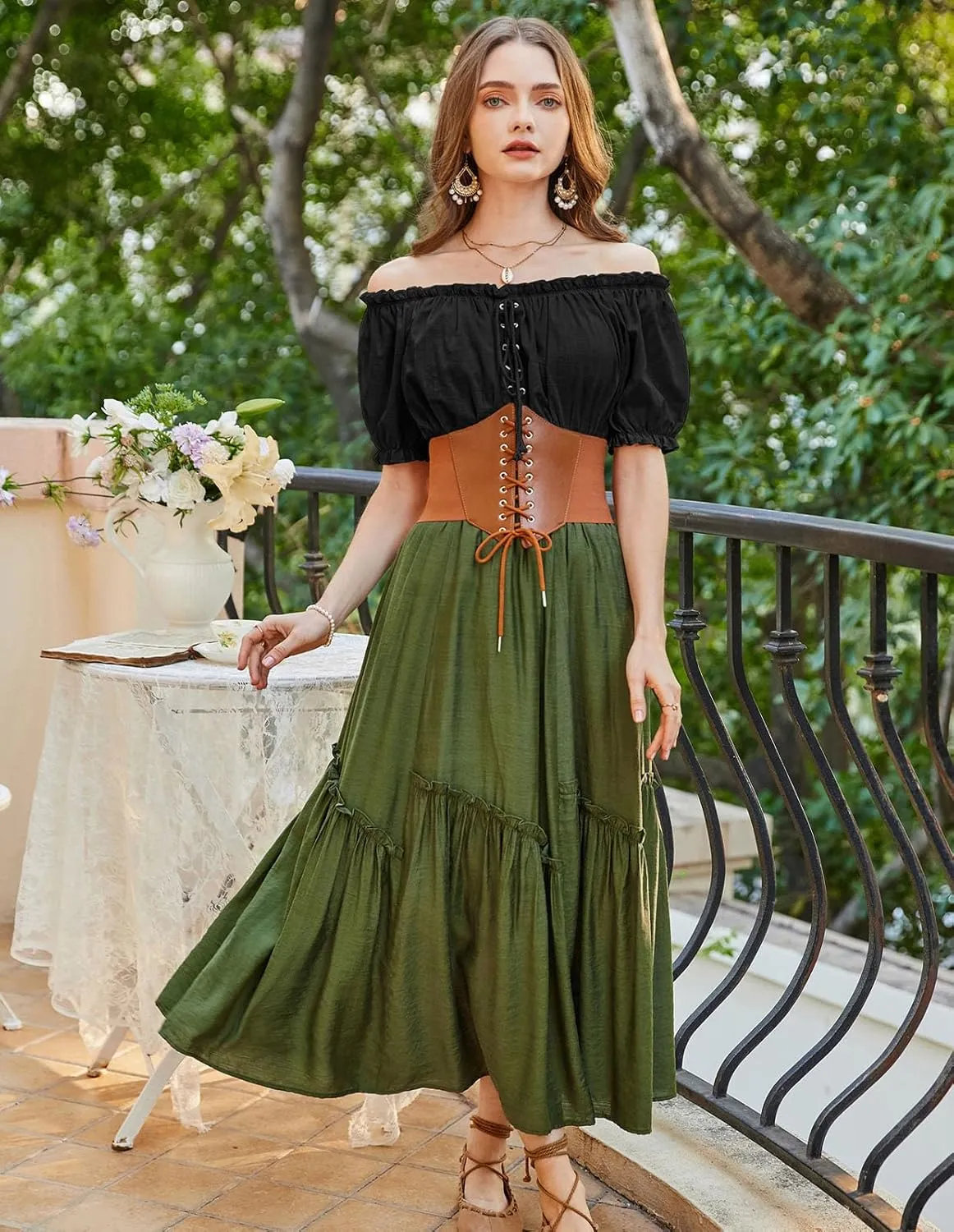Scarlet Darkness Women Renaissance Off Shoulder Blouse Smocked Waist Pirate Shirt Peplum Tops