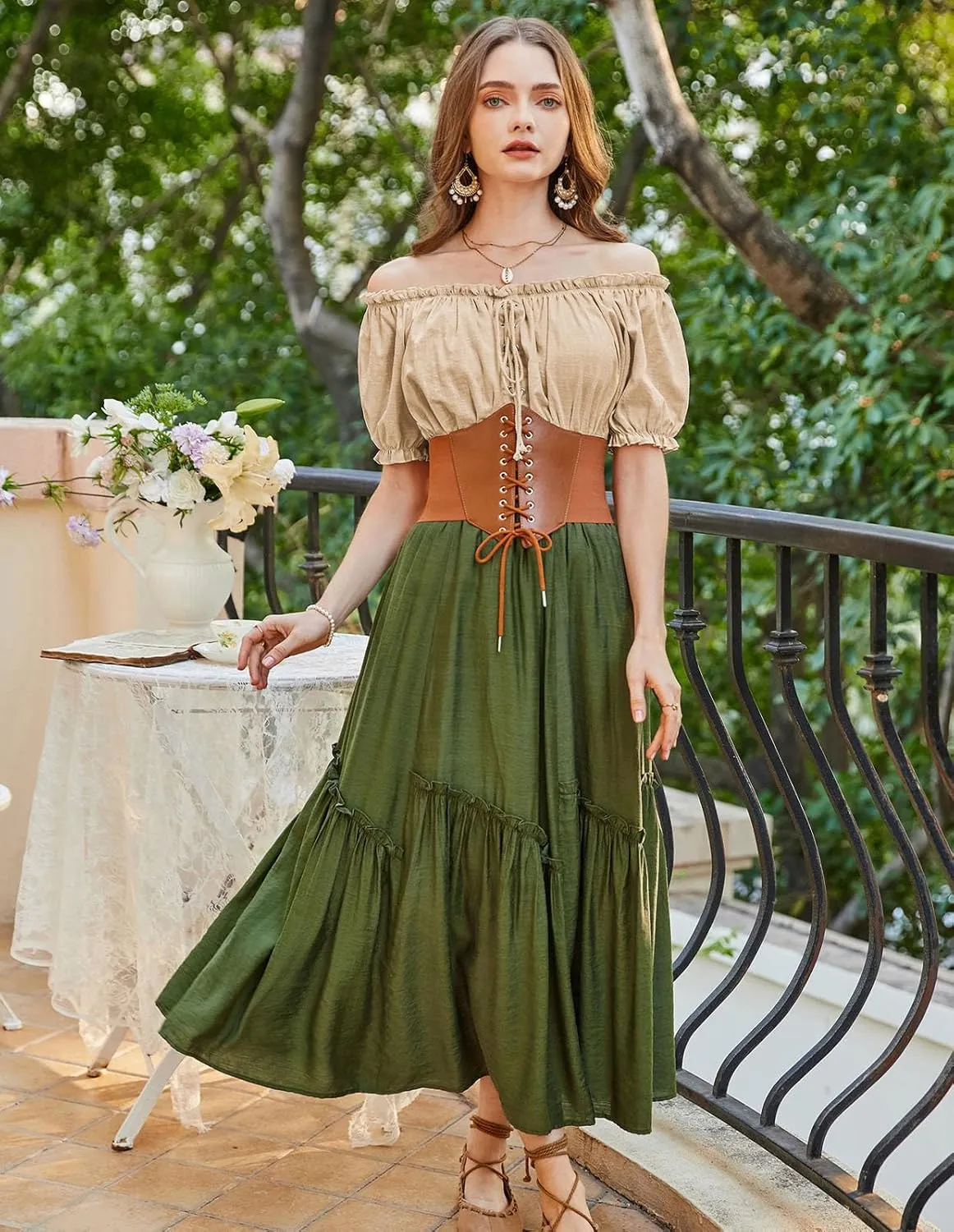 Scarlet Darkness Women Renaissance Off Shoulder Blouse Smocked Waist Pirate Shirt Peplum Tops