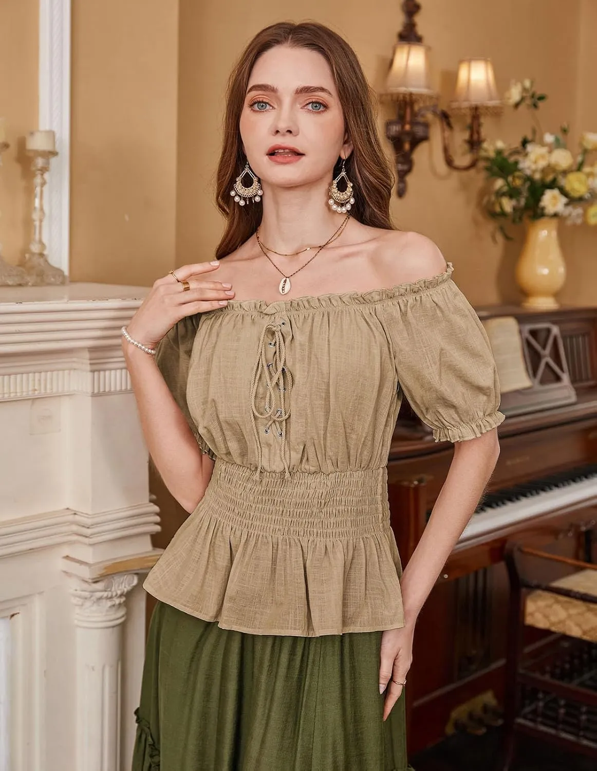 Scarlet Darkness Women Renaissance Off Shoulder Blouse Smocked Waist Pirate Shirt Peplum Tops