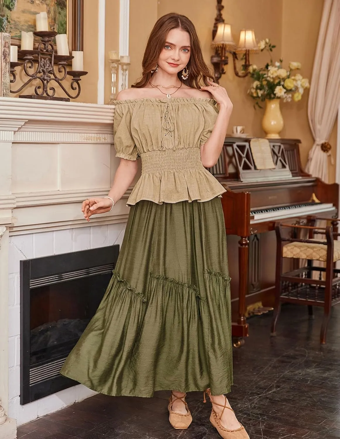 Scarlet Darkness Women Renaissance Off Shoulder Blouse Smocked Waist Pirate Shirt Peplum Tops