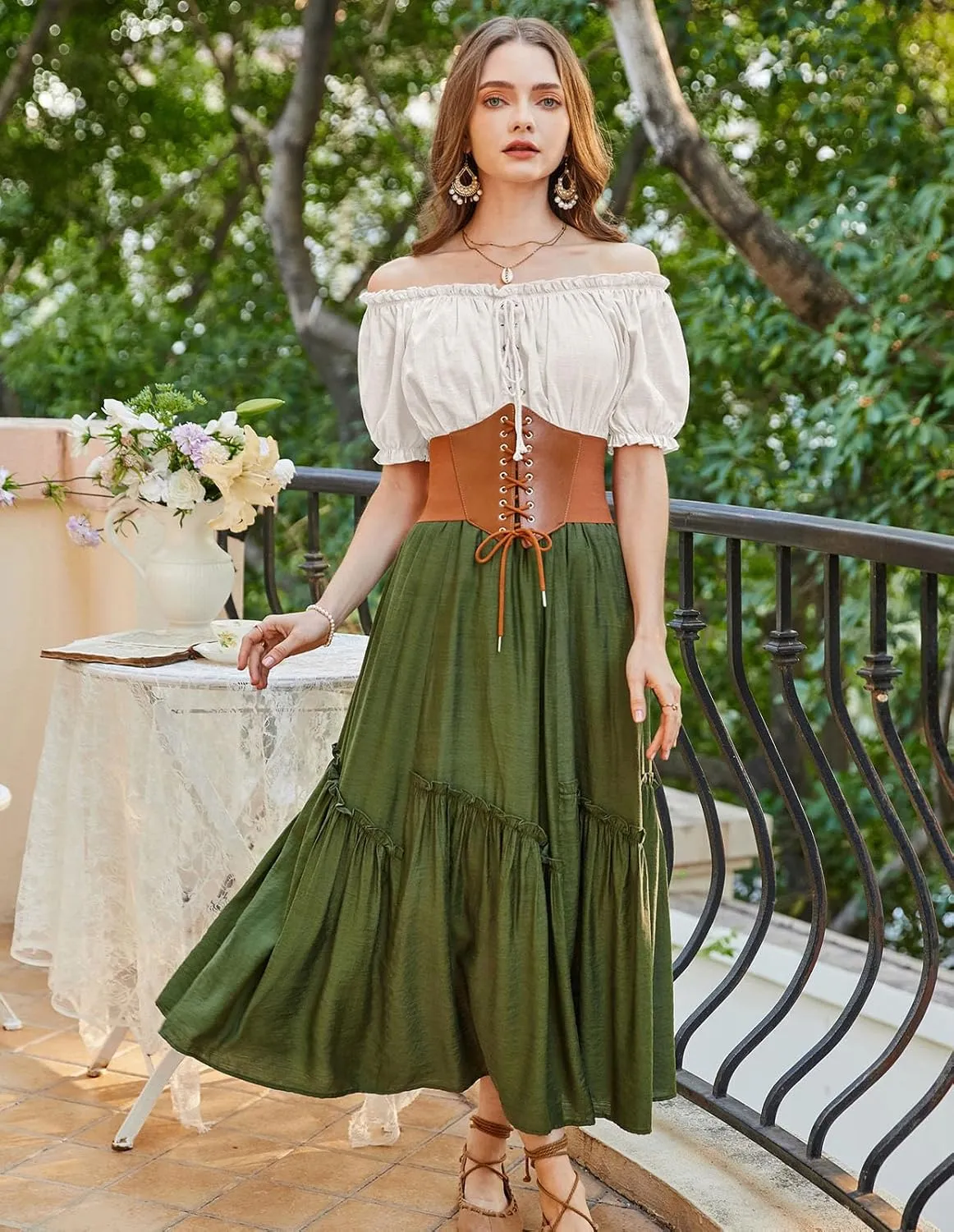 Scarlet Darkness Women Renaissance Off Shoulder Blouse Smocked Waist Pirate Shirt Peplum Tops