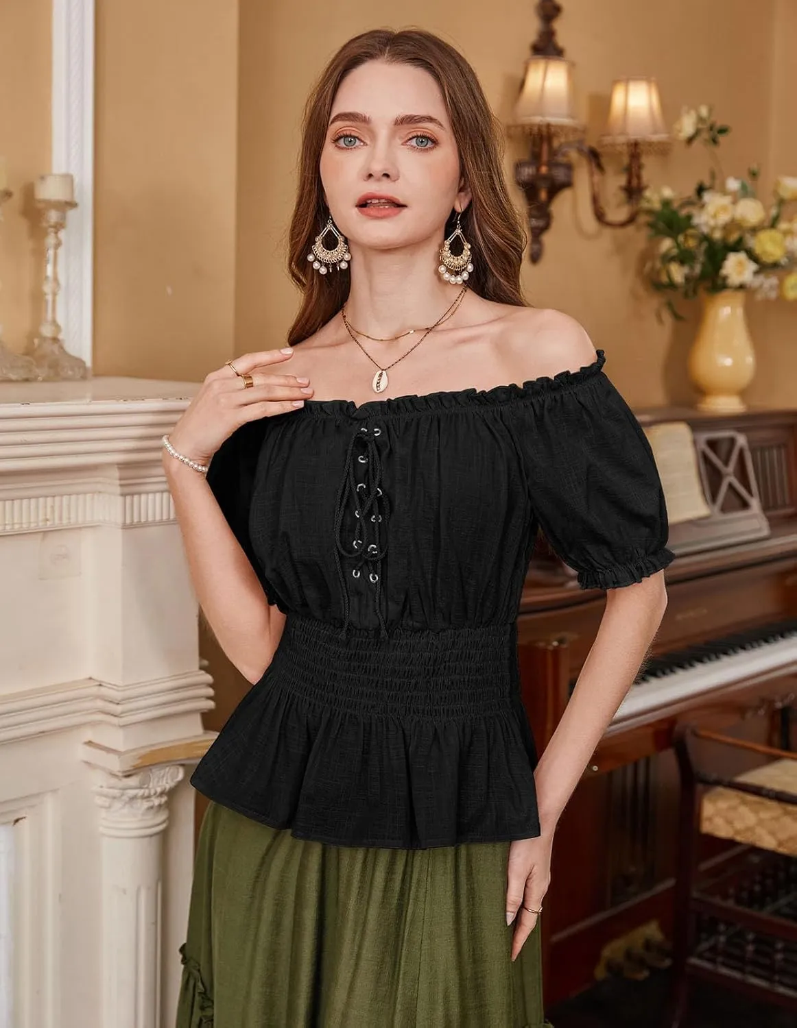 Scarlet Darkness Women Renaissance Off Shoulder Blouse Smocked Waist Pirate Shirt Peplum Tops