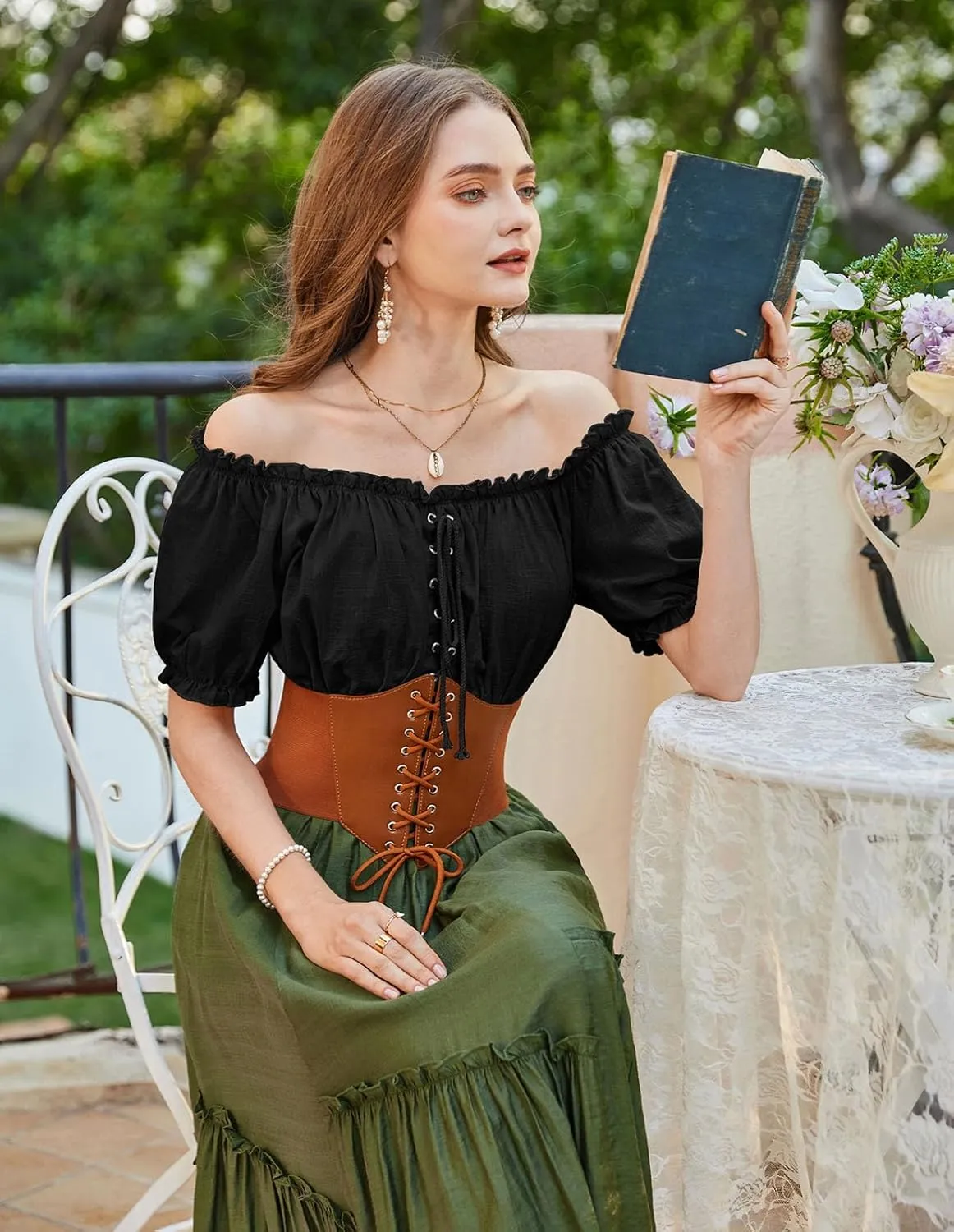 Scarlet Darkness Women Renaissance Off Shoulder Blouse Smocked Waist Pirate Shirt Peplum Tops