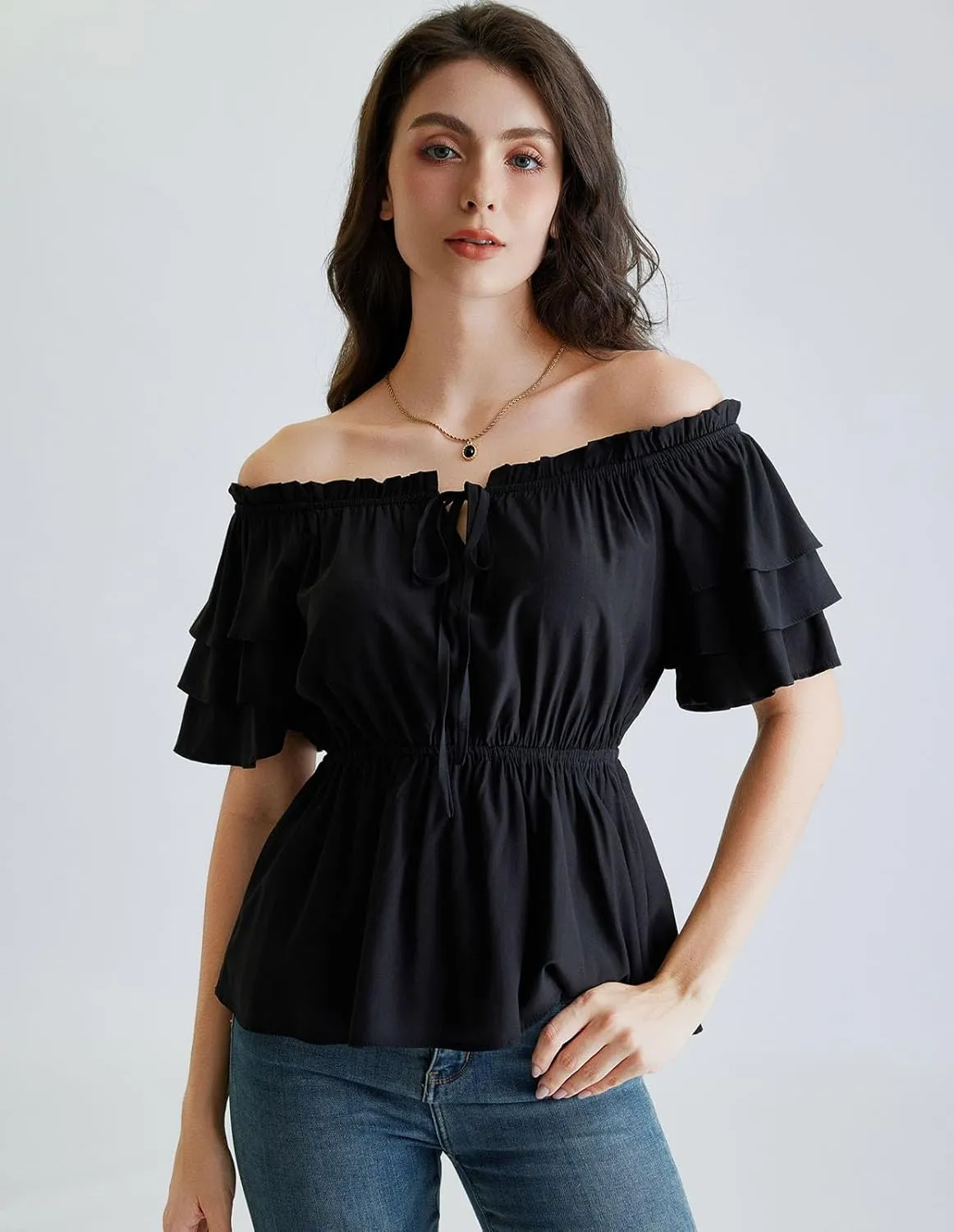 Scarlet Darkness Women Summer Shirt Ruffled Sleeve Tops Off Shoulder Renaissance Pirate Blouse