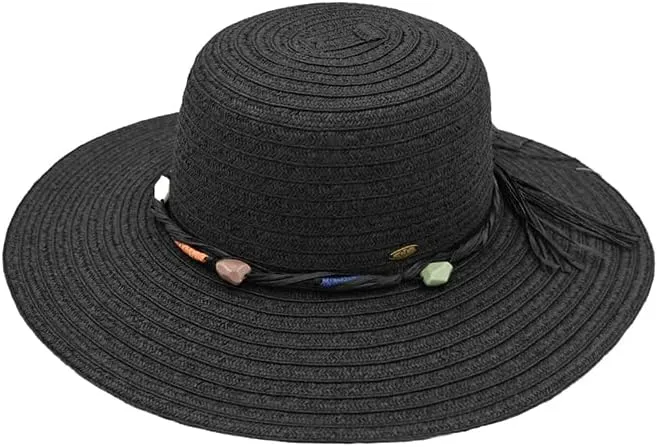 ScarvesMe Women's Colorful Stone Rolled Up Details Wide Brim Panama Sun Hat