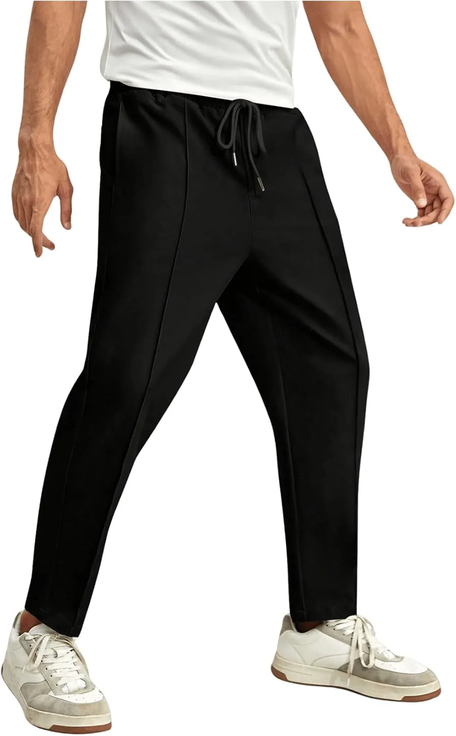 SHENHE Men's Casual Straight Leg Trousers Drawstring Pocket Cropped Pants with Pocket
