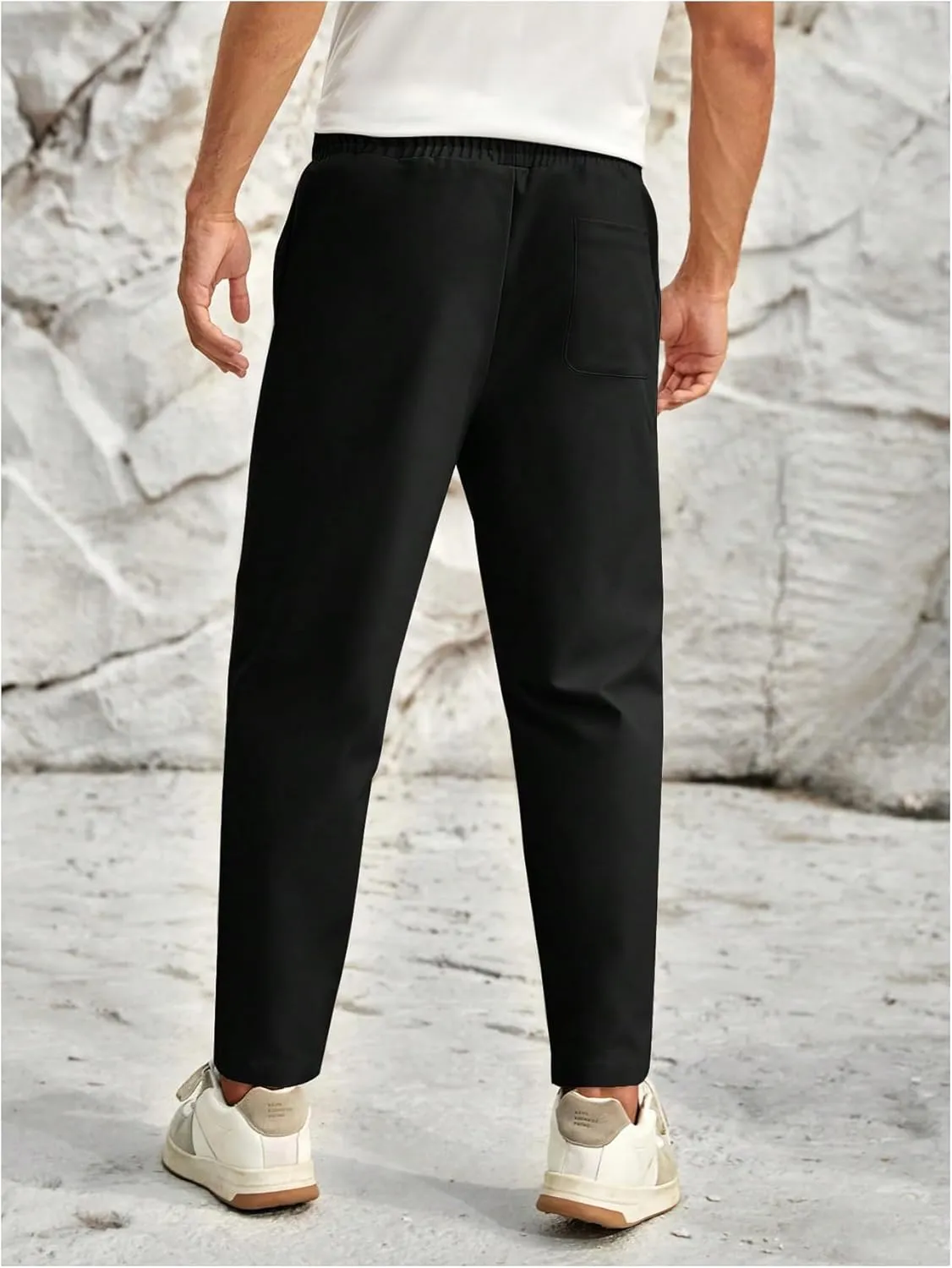 SHENHE Men's Casual Straight Leg Trousers Drawstring Pocket Cropped Pants with Pocket