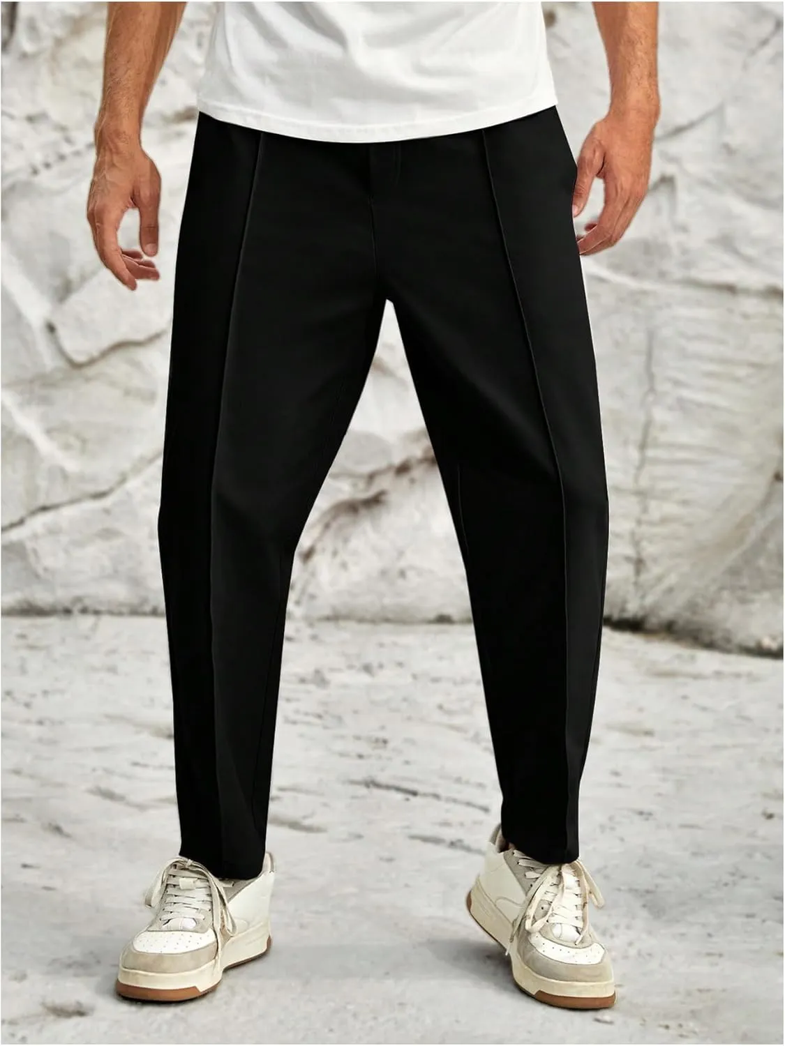 SHENHE Men's Casual Straight Leg Trousers Drawstring Pocket Cropped Pants with Pocket