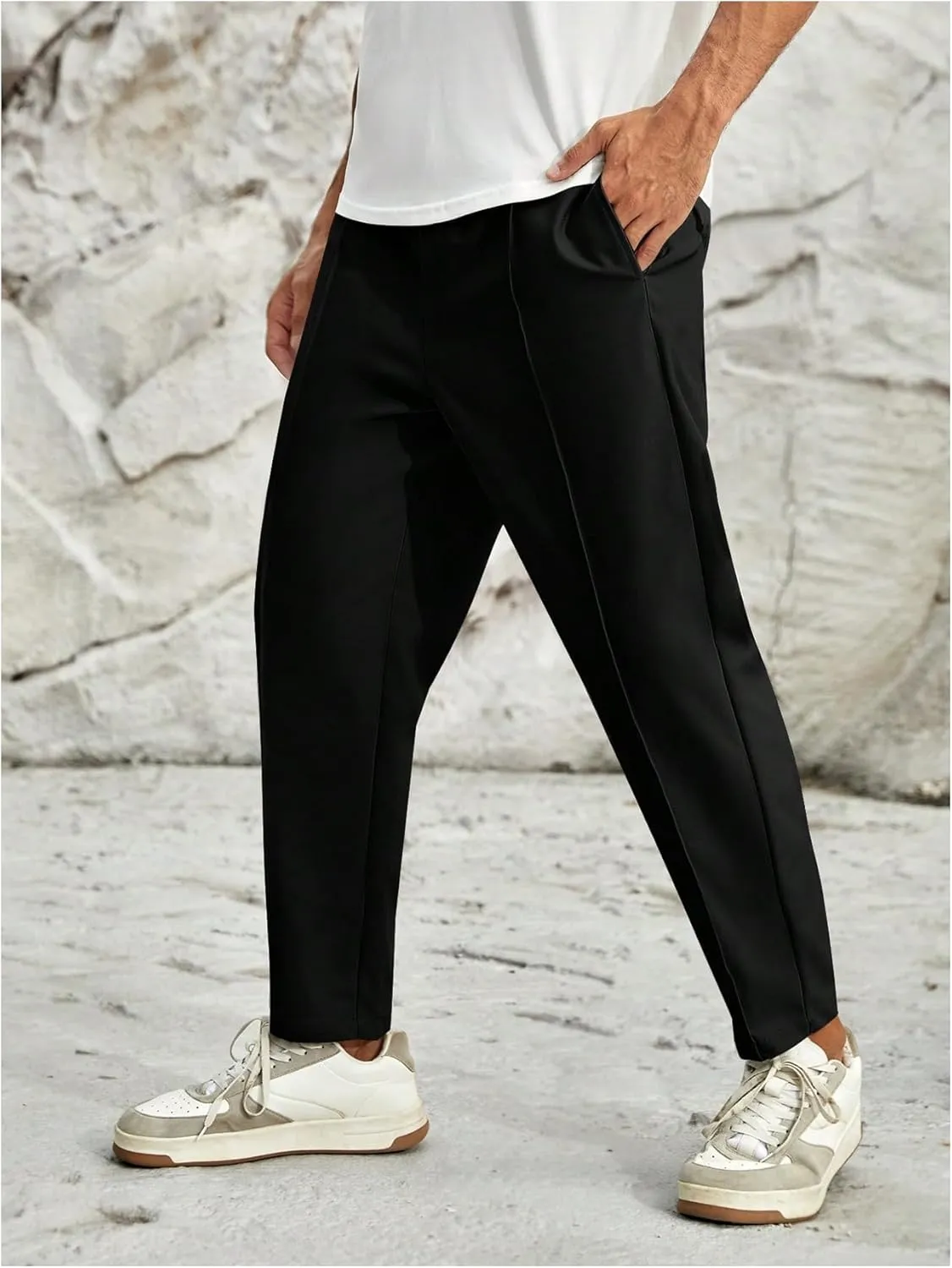 SHENHE Men's Casual Straight Leg Trousers Drawstring Pocket Cropped Pants with Pocket