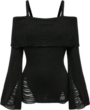 SOLY HUX Women's Cold Shoulder Ripped Sweater Goth Punk Long Sleeve Fitted Jumper Pullovers