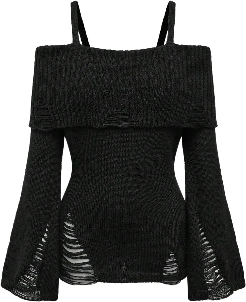SOLY HUX Women's Cold Shoulder Ripped Sweater Goth Punk Long Sleeve Fitted Jumper Pullovers