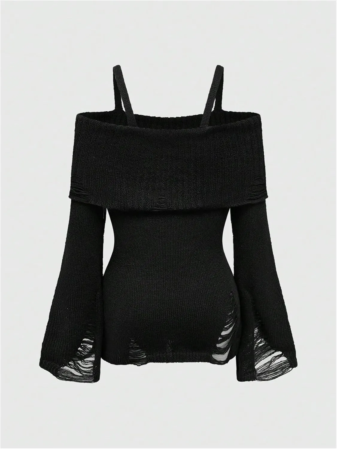 SOLY HUX Women's Cold Shoulder Ripped Sweater Goth Punk Long Sleeve Fitted Jumper Pullovers