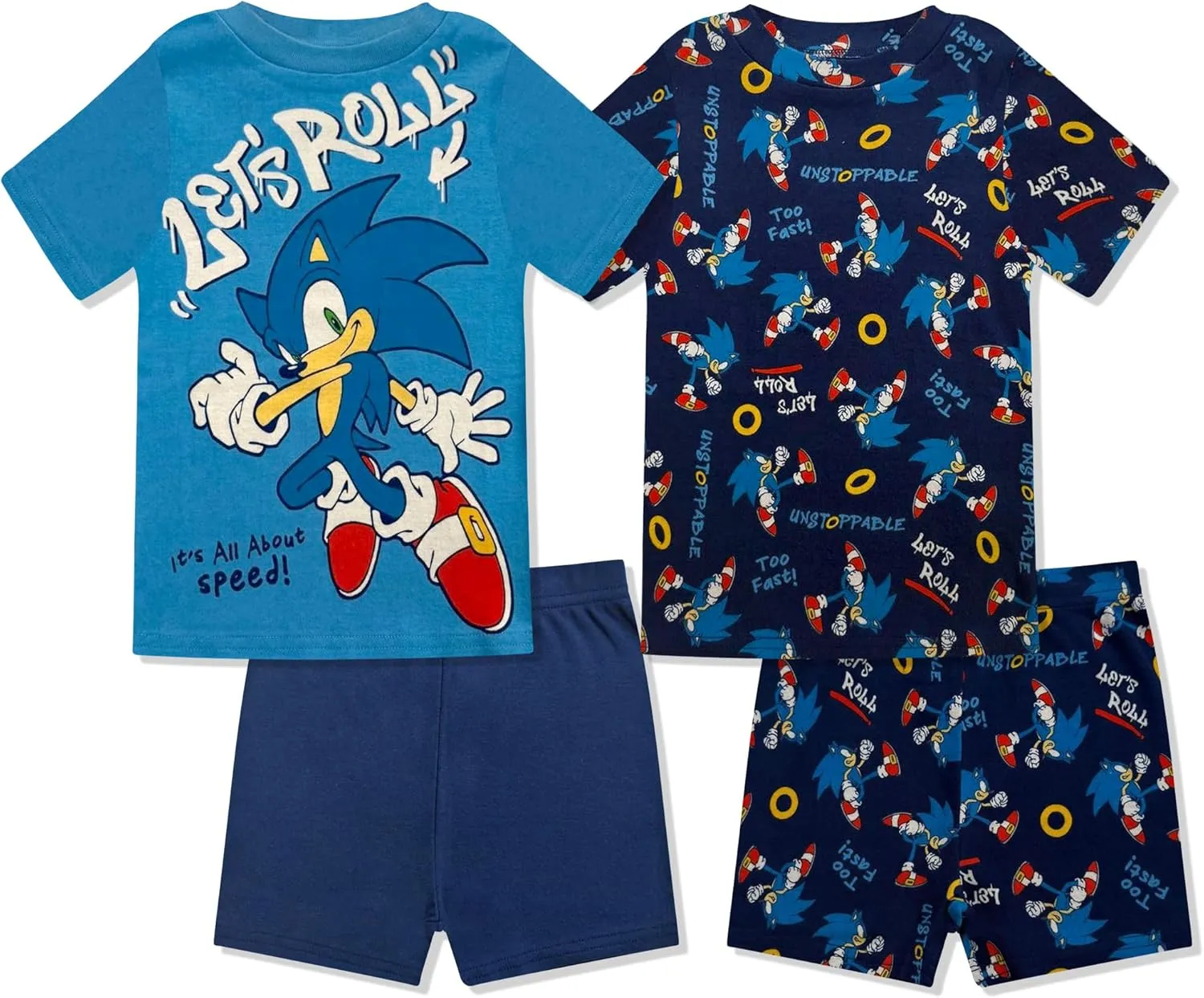 Sonic The Hedgehog Boys Pajama Set - 4 Piece Short Sleeve & Shorts Pajama Set - 100% Cotton Pjs, Snug-Fit Kids Summer Pajamas