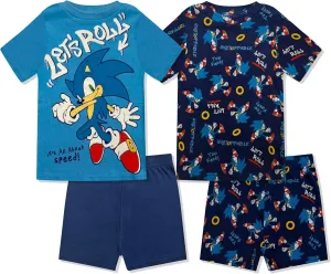 Sonic The Hedgehog Boys Pajama Set - 4 Piece Short Sleeve & Shorts Pajama Set - 100% Cotton Pjs, Snug-Fit Kids Summer Pajamas