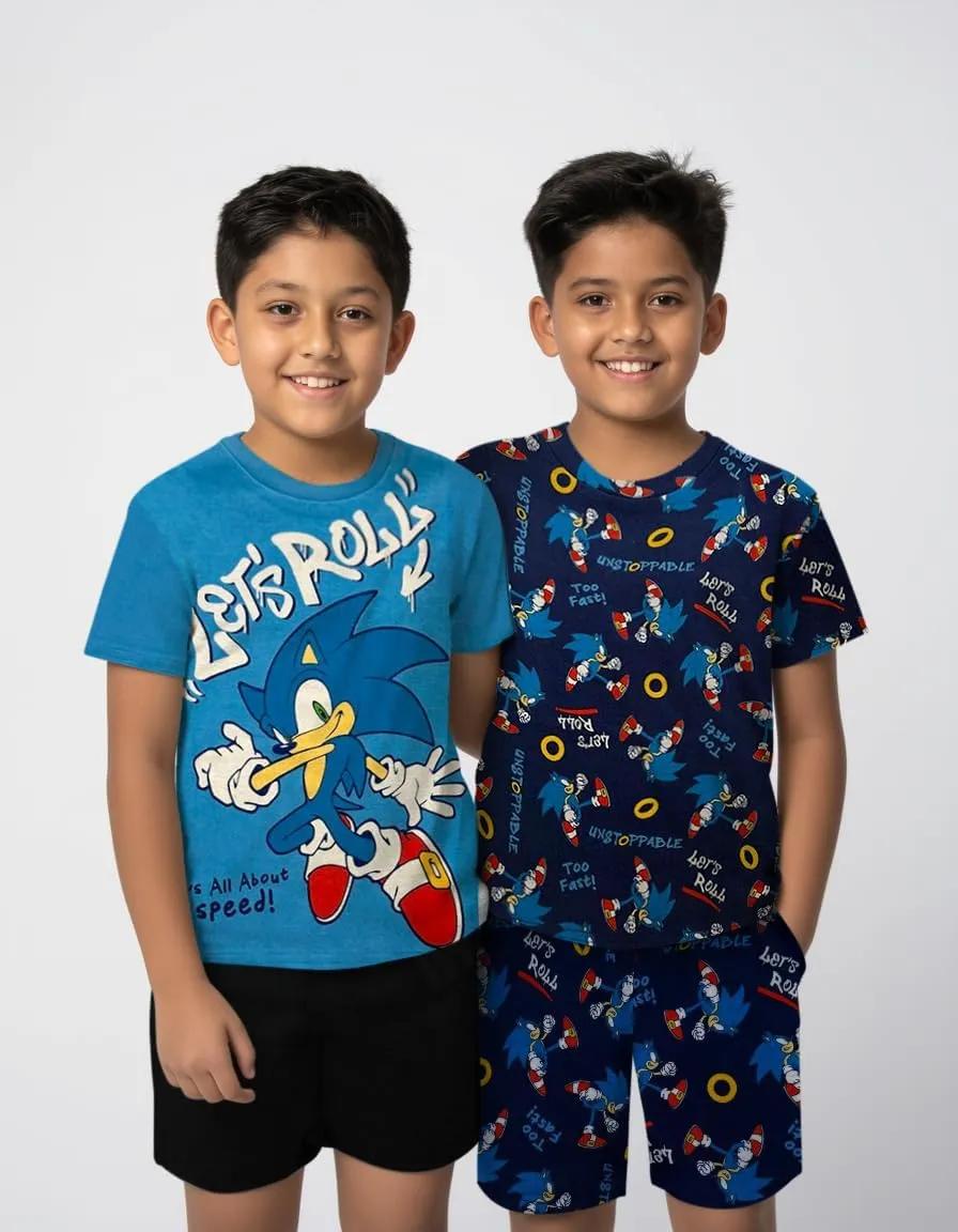 Sonic The Hedgehog Boys Pajama Set - 4 Piece Short Sleeve & Shorts Pajama Set - 100% Cotton Pjs, Snug-Fit Kids Summer Pajamas
