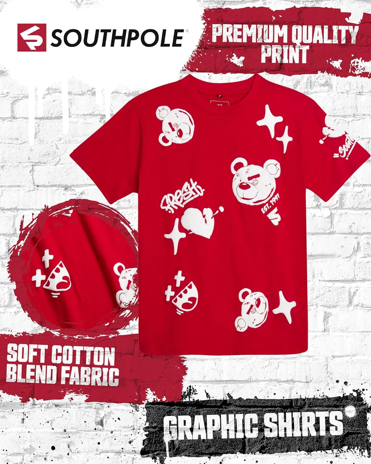Southpole Boys Graphic Tees - Soft Cotton Blend Classic Casual Short Sleeve Crewneck Graphic Shirts for Boys (Sizes: 8-20)