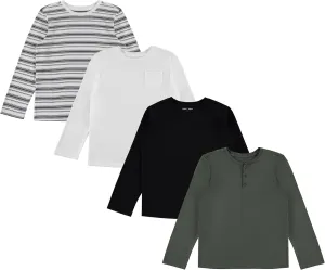 Stitch & Stone Boys 4 Pack Long Sleeve Tops, Soft Cotton Crewneck Tees, Casual Boys’ Clothing, Comfortable Everyday Wear