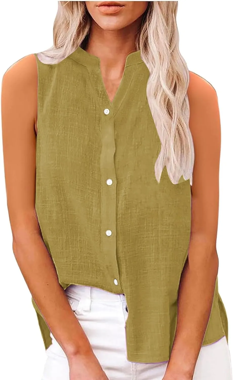 Summer Linen Top for Women Sleeveless Collared Shirt V Neck Loose Going Out Tee Vacation Beach Tunic Casual Blouse