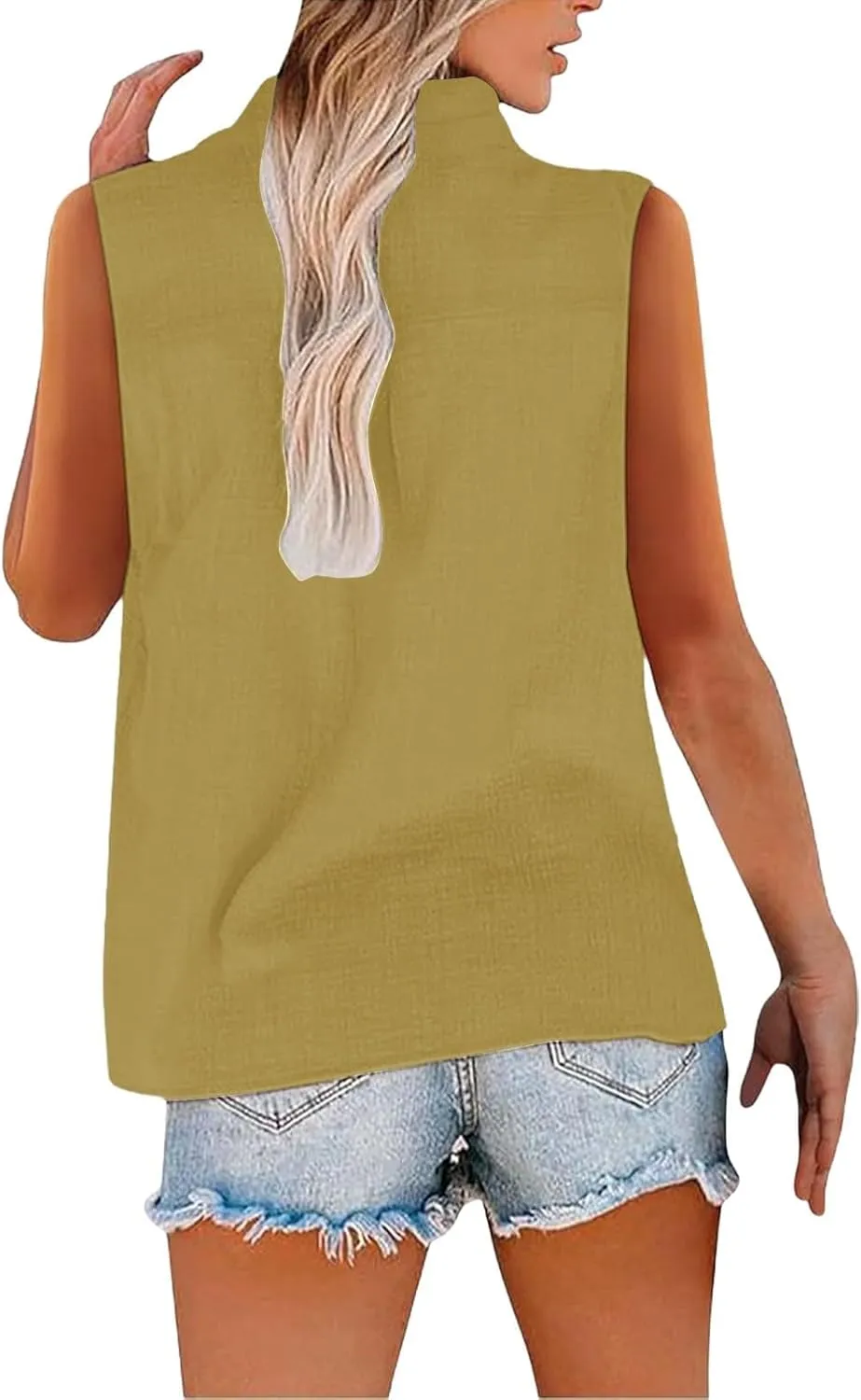 Summer Linen Top for Women Sleeveless Collared Shirt V Neck Loose Going Out Tee Vacation Beach Tunic Casual Blouse