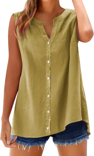 Summer Linen Top for Women Sleeveless Collared Shirt V Neck Loose Going Out Tee Vacation Beach Tunic Casual Blouse